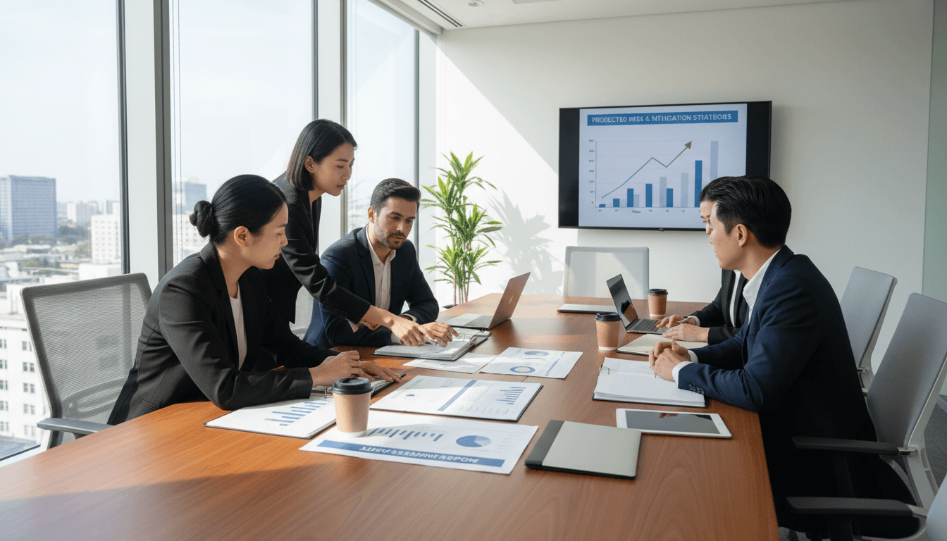 Business team reviewing risk assessment documents in bright conference room