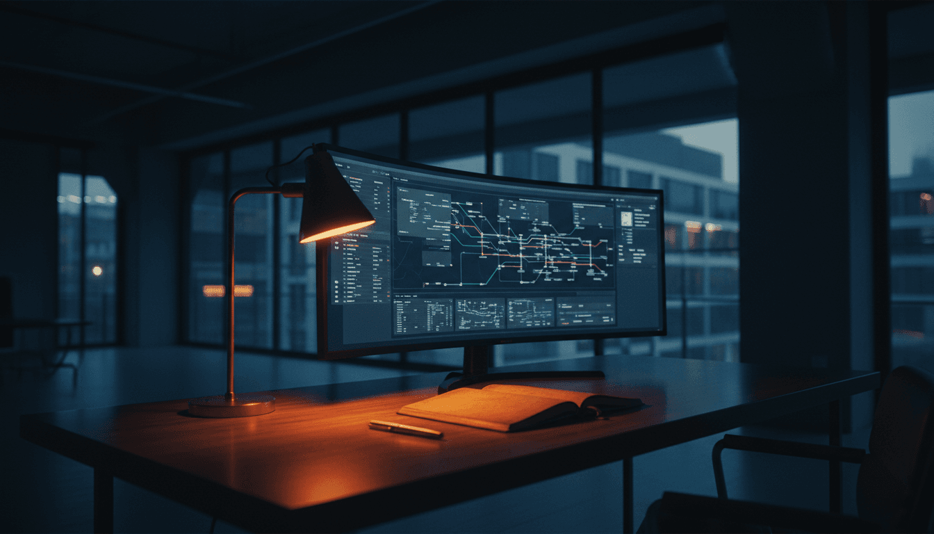 Minimalist tech workspace with monitor displaying data dashboards and network diagrams