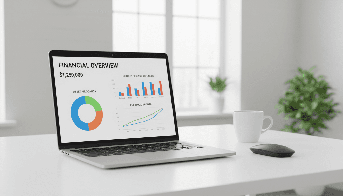 Open laptop showing financial dashboard with charts and graphs on clean desk