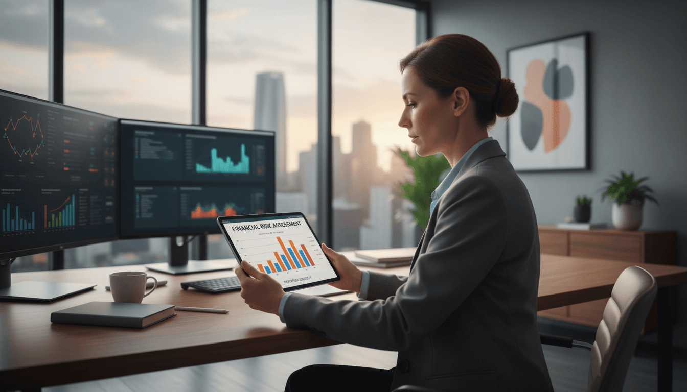 Professional hands reviewing risk assessment data on a tablet