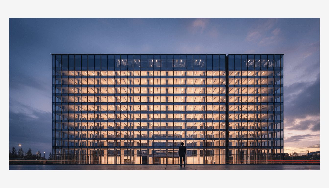 Modern glass building at dusk