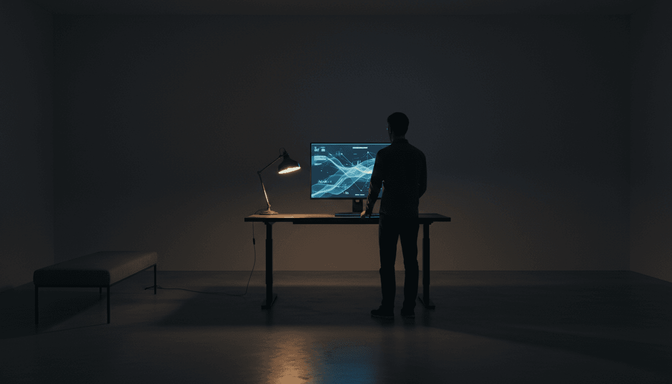 Modern fintech workspace with data on monitor, dim ambient lighting