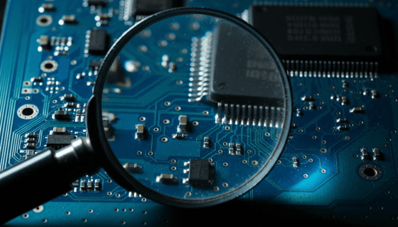 Close-up of a circuit board under inspection