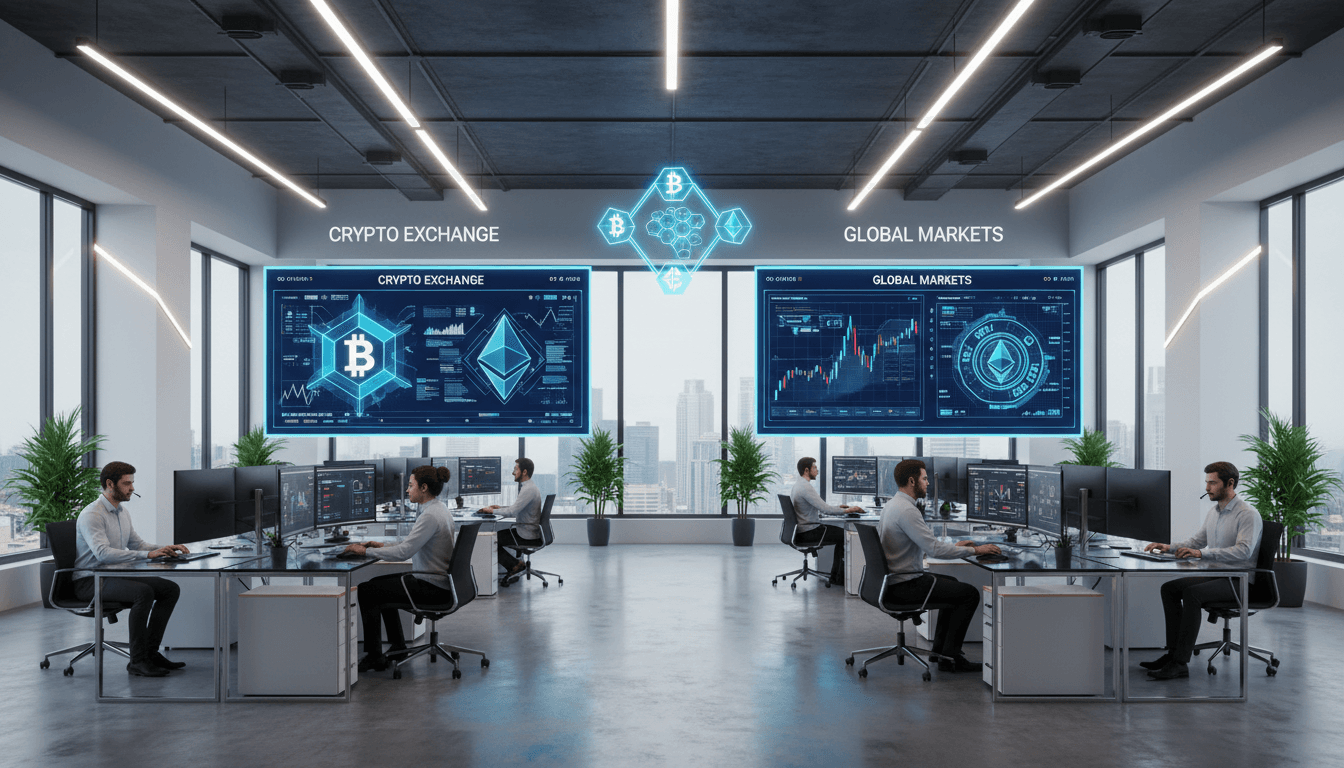 Fintech analysts working in a modern office with digital financial displays on screen