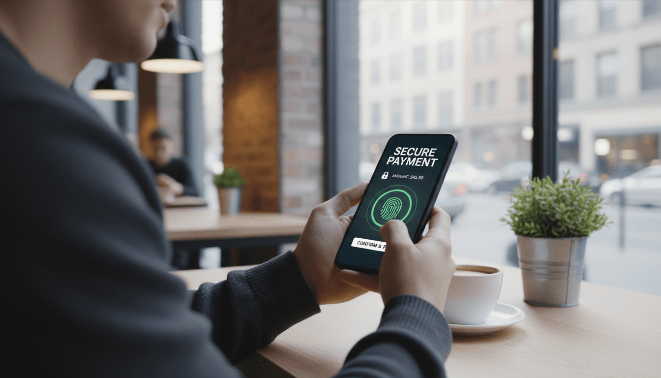 Person using smartphone with secure payment interface in modern cafe