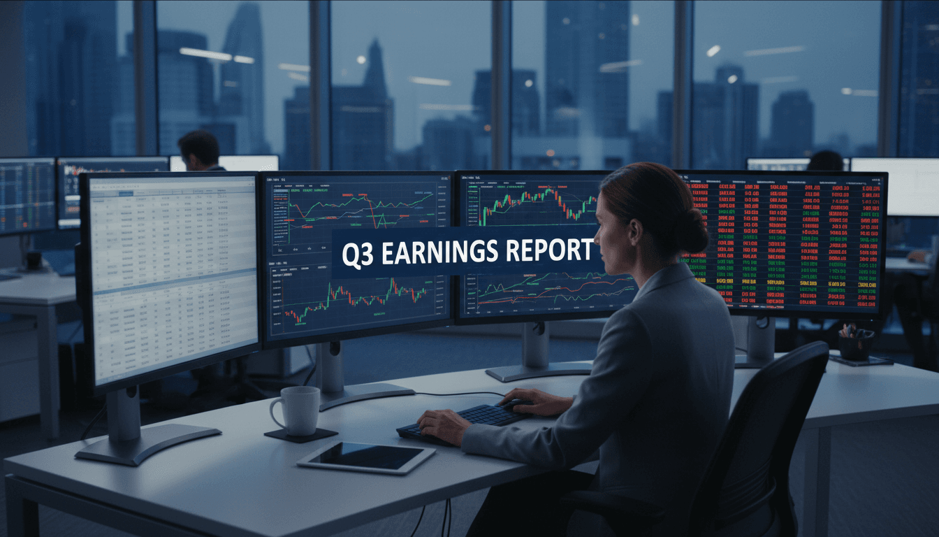 Professional analyst reviewing financial data on multiple monitors in modern office