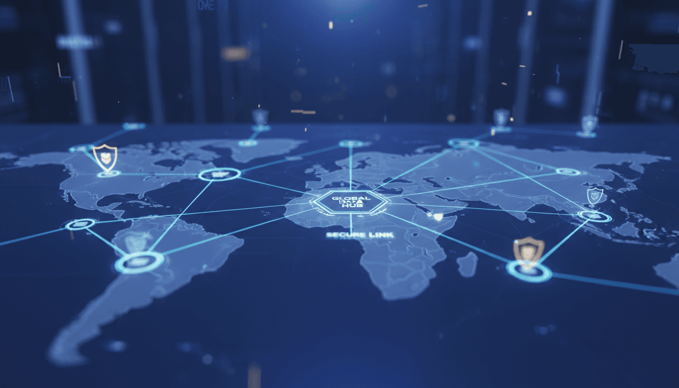 Abstract network of connected nodes representing secure data flow