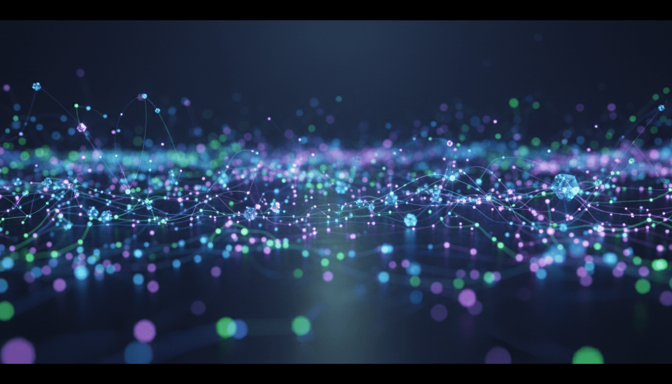 Close up of digital network visualization with glowing interconnected nodes