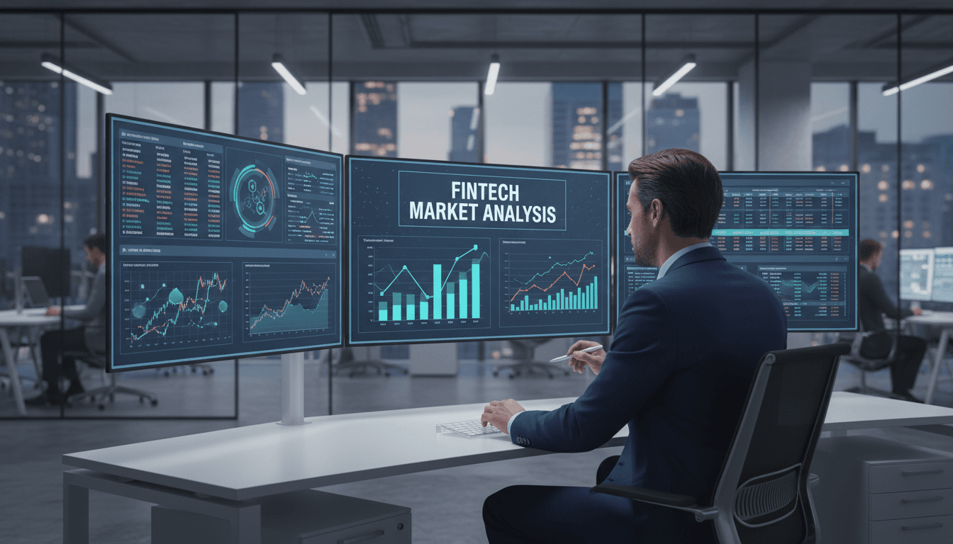 Professional fintech analyst examining data charts on digital screens in modern office
