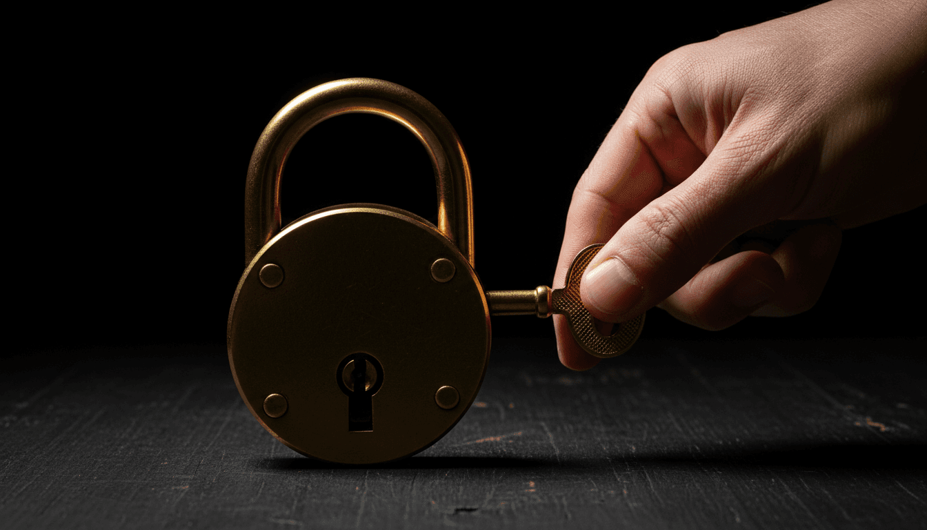 Hand turning a brass lock mechanism against dark wood, dramatic lighting