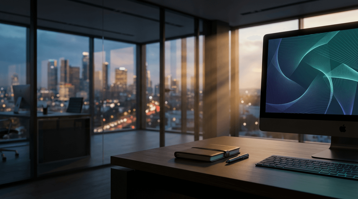 Modern fintech office workspace in Orange County with data charts on monitors and city skyline view